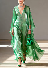 Classy Green V Neck Zircon Chiffon Maxi Dresses Spring 3