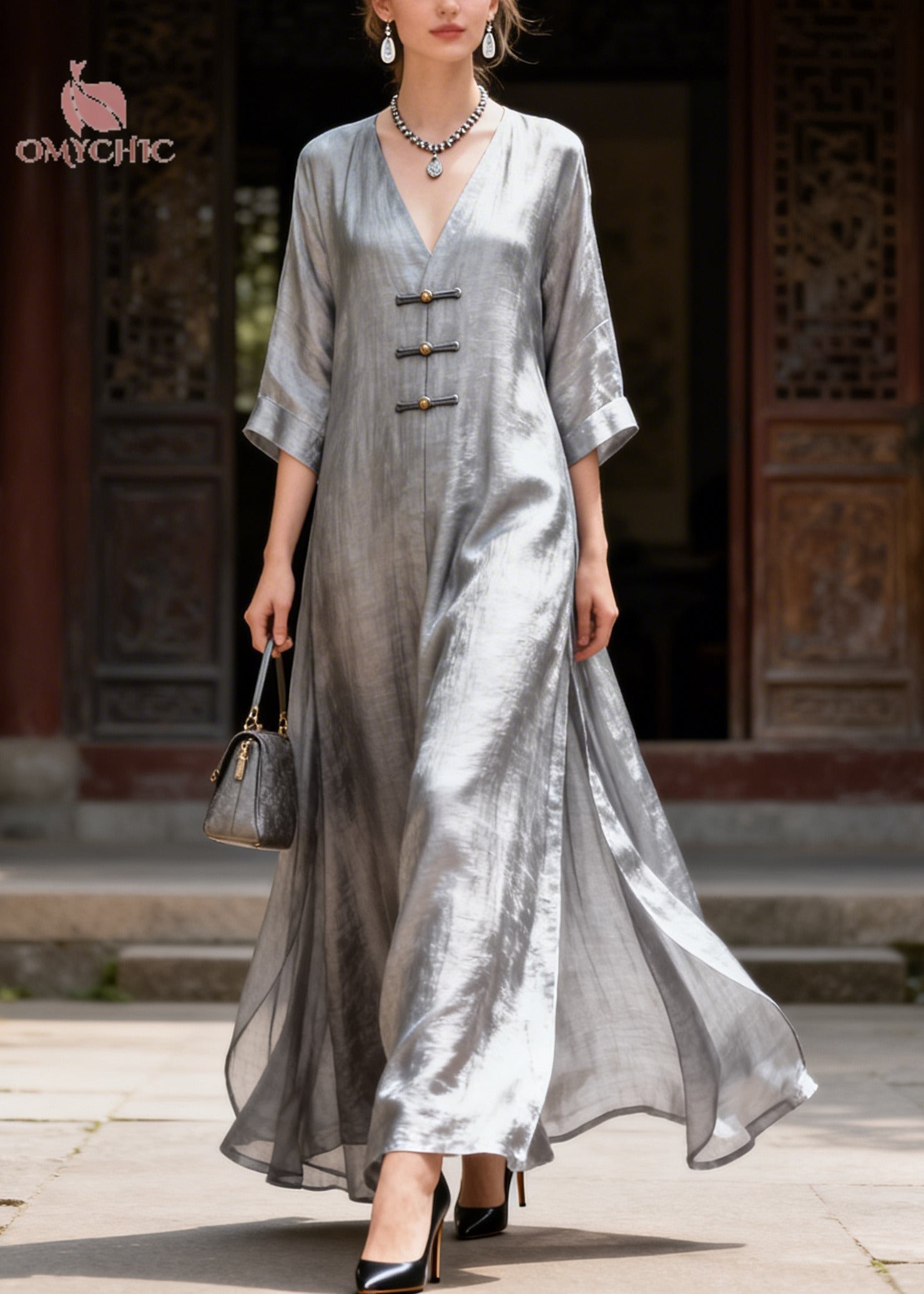 Classy Grey V Neck Chinese Button Side Open Silk Long Dress Summer