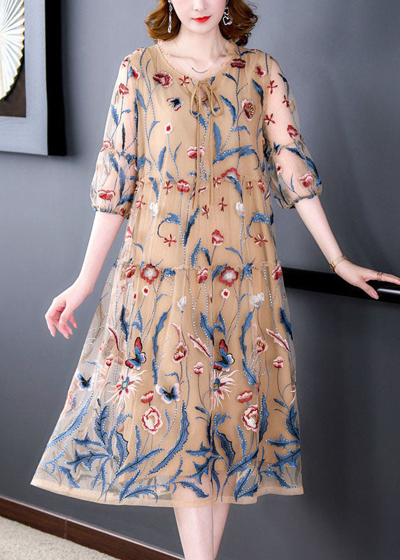 Embroidered Butterfly Mesh Lace Up Neck Tiered Bell Sleeve Midi Dress