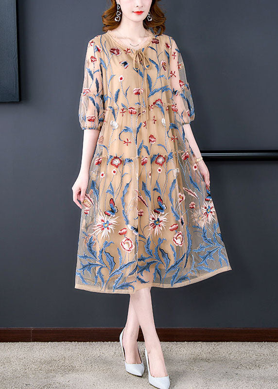 Classy Khaki Print Wrinkled Lace Up Patchwork Silk Dresses Summer