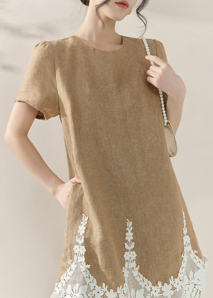 Linen Look Crew Neck Short Puff Sleeve Scalloped Lace Hem Mini Dress