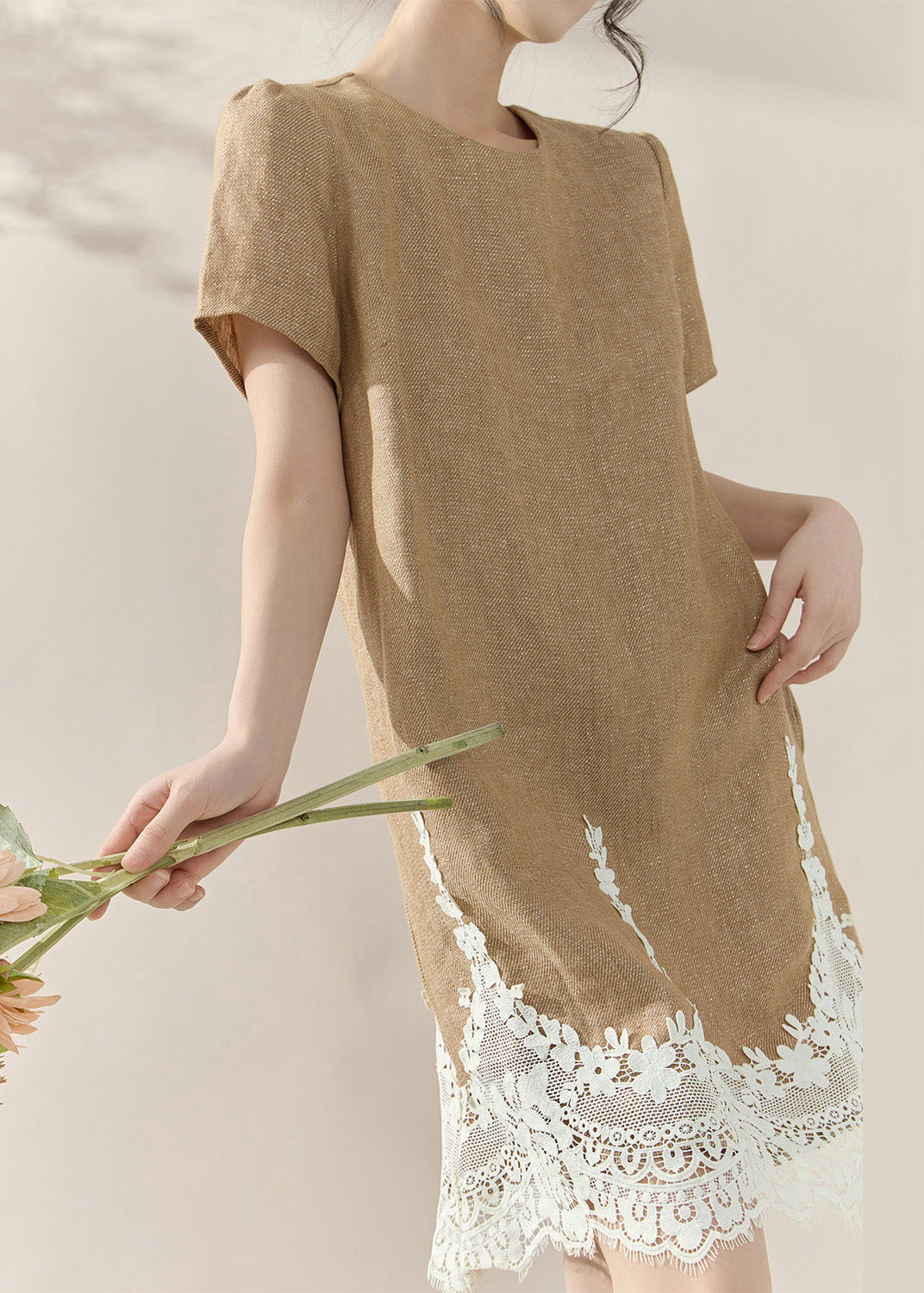 Linen Look Crew Neck Short Puff Sleeve Scalloped Lace Hem Mini Dress