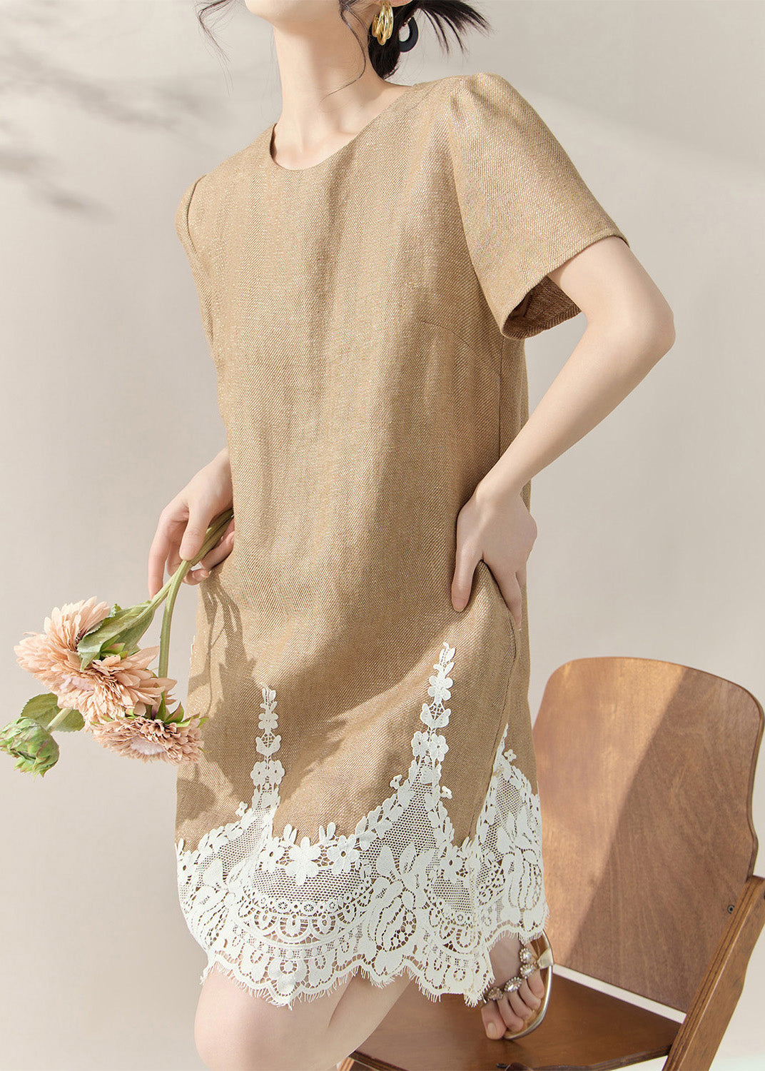 Linen Look Crew Neck Short Puff Sleeve Scalloped Lace Hem Mini Dress
