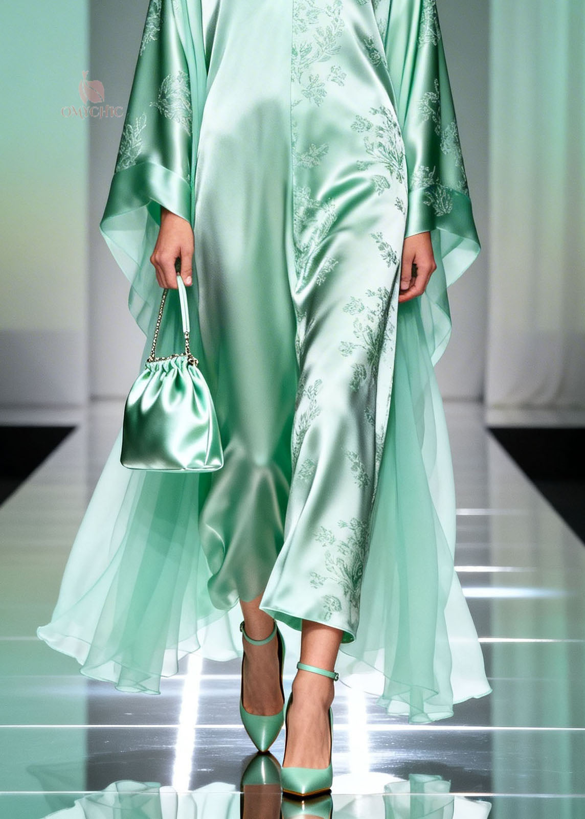 Floral Print Satin Deep V-Neck Chiffon Cape Sleeve Kaftan Maxi Gown