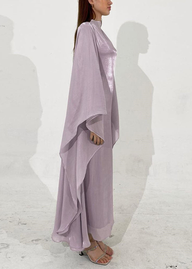 Metallic Organza Cape Sleeve Mock Neck Maxi Gown