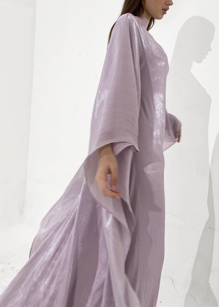 Metallic Organza Cape Sleeve Mock Neck Maxi Gown