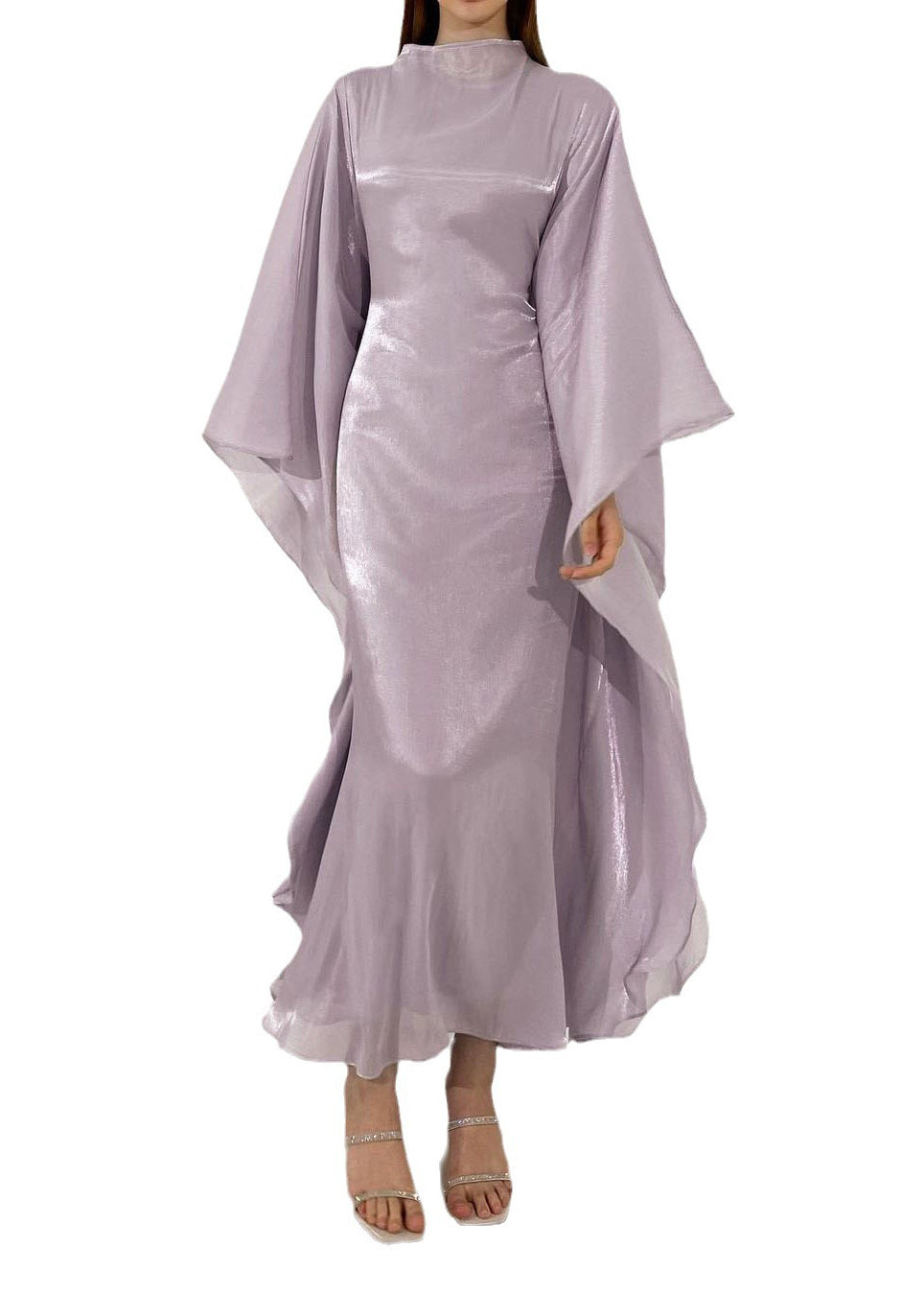 Metallic Organza Cape Sleeve Mock Neck Maxi Gown