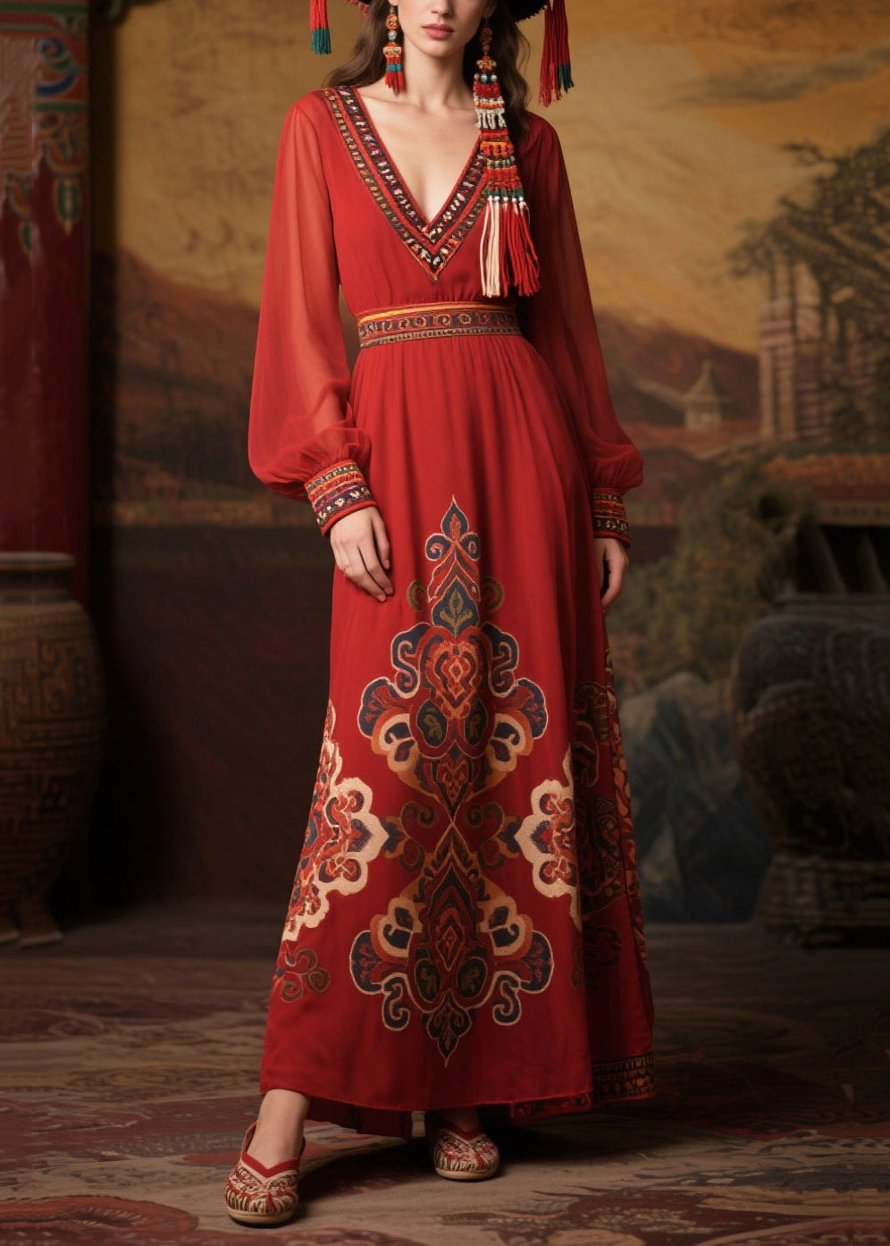 Chiffon Deep V-Neck Embroidered Cuff Long Sleeve Folk Print Maxi Dress