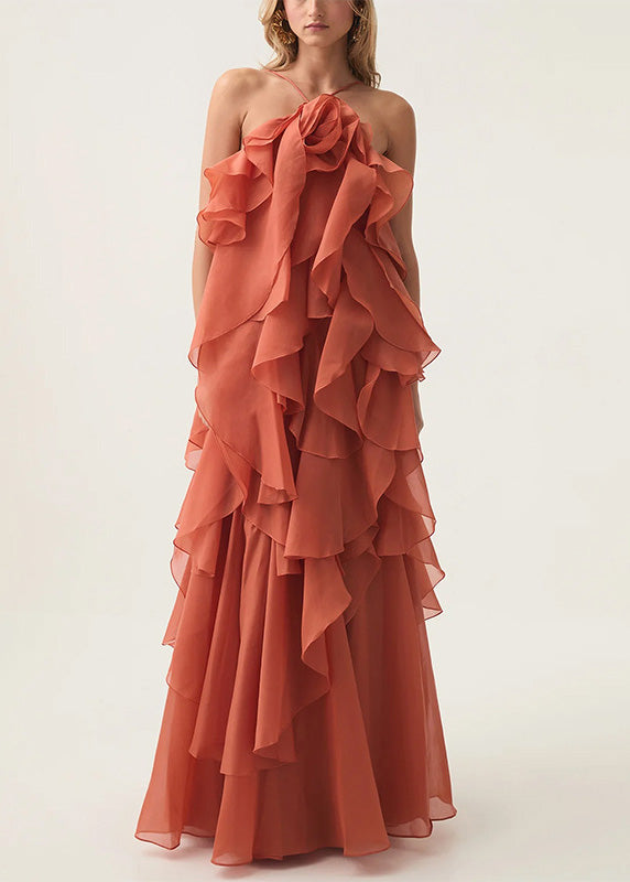 Classy Orange Ruffled Asymmetrical Patchwork Chiffon Dress Summer