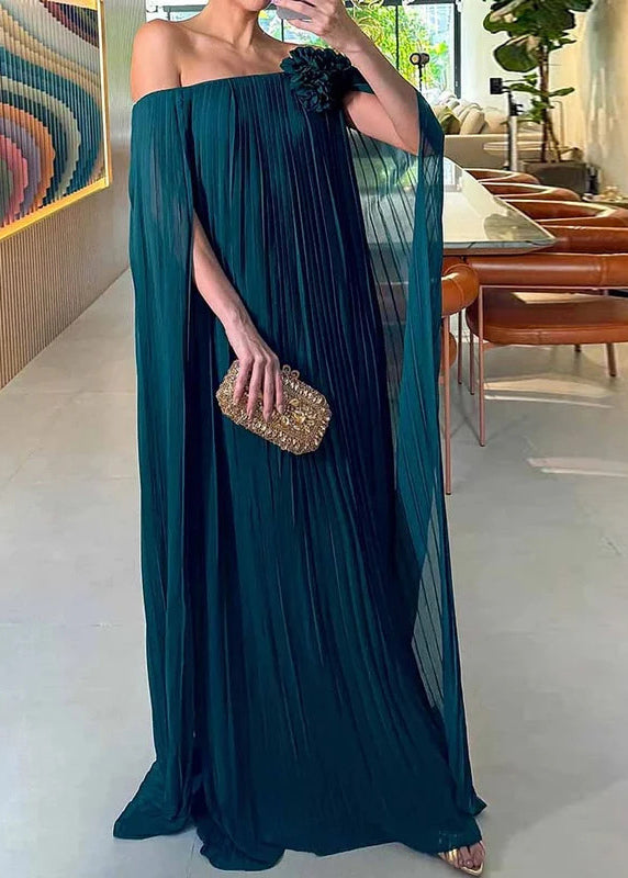 Off Shoulder Accordion Pleat Rosette Cape Sleeve Maxi Gown