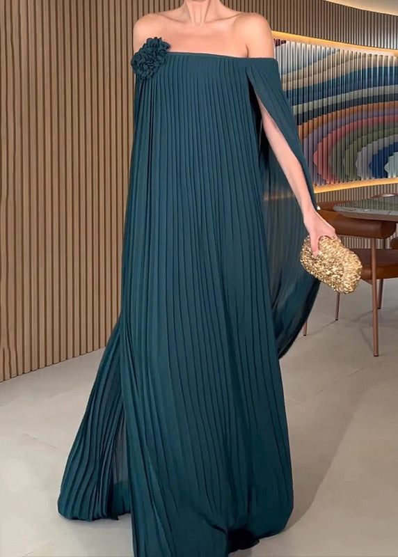 Off Shoulder Accordion Pleat Rosette Cape Sleeve Maxi Gown