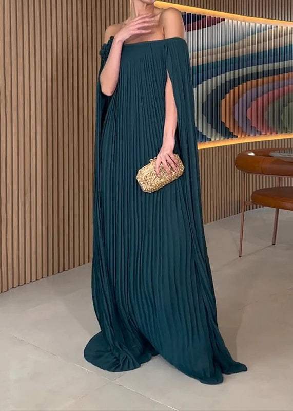 Off Shoulder Accordion Pleat Rosette Cape Sleeve Maxi Gown