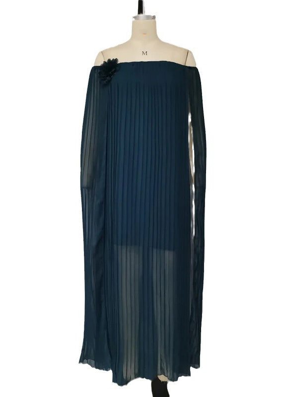 Off Shoulder Accordion Pleat Rosette Cape Sleeve Maxi Gown