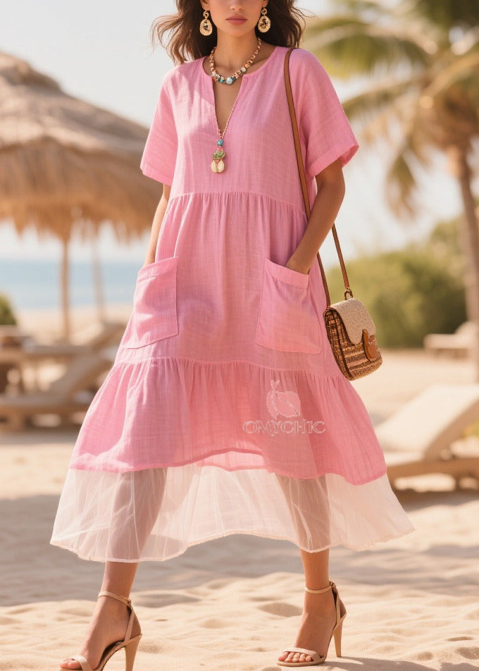 Classy Pink Oversized Patchwork Tulle Cotton Maxi Dresses Summer 3