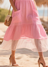Classy Pink Oversized Patchwork Tulle Cotton Maxi Dresses Summer 4