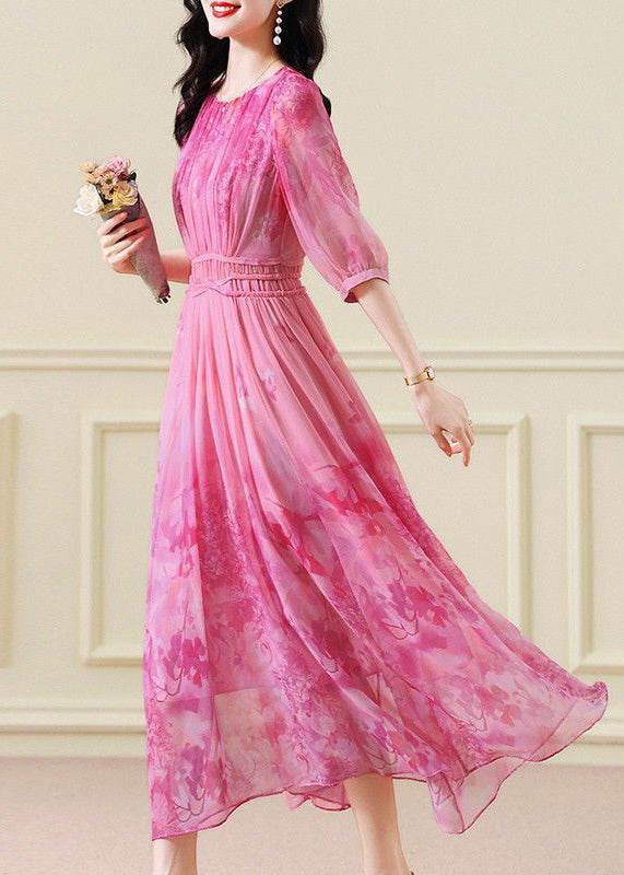 Classy Pink Print Wrinkled Tie Waist Chiffon Maxi Dresses Half Sleeve - View 4
