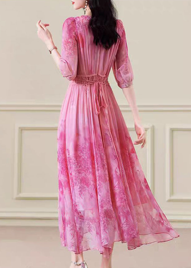 Classy Pink Print Wrinkled Tie Waist Chiffon Maxi Dresses Half Sleeve - View 5