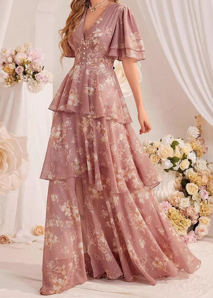 Floral Print Chiffon V-Neck Flutter Sleeve Tiered Ruffle Maxi Dress