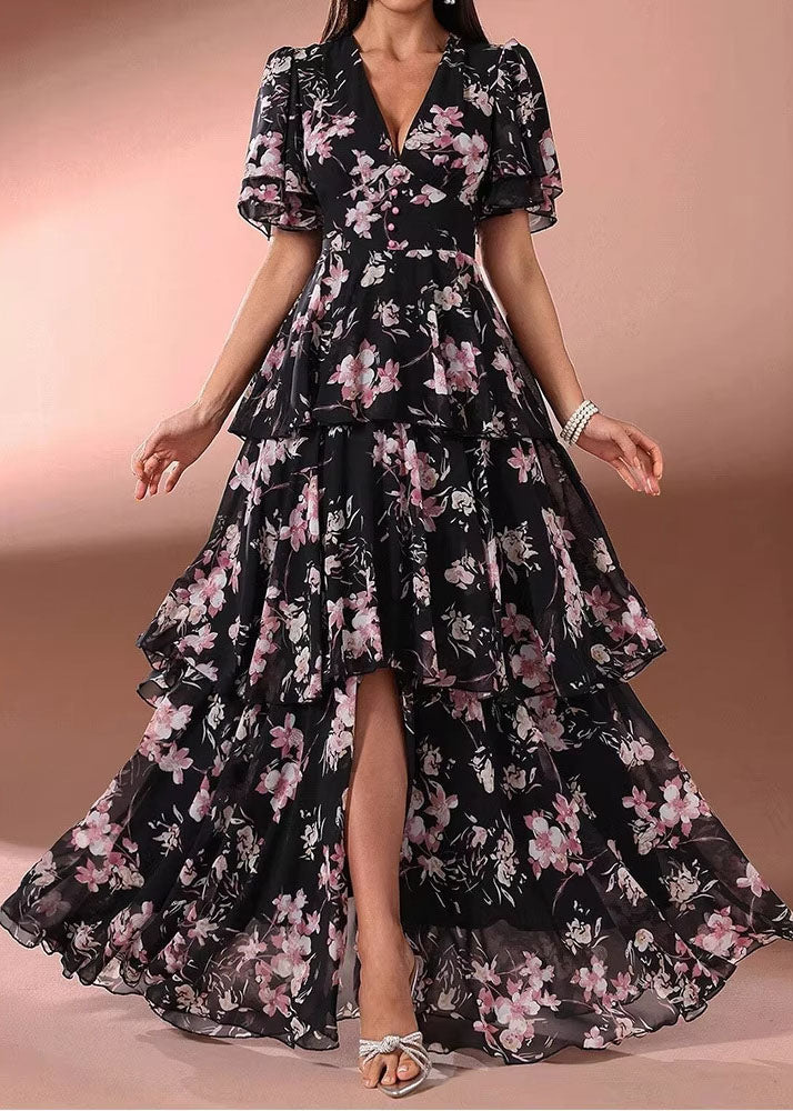 Classy Pink Ruffled Print Chiffon Long Dresses Summer - View 2