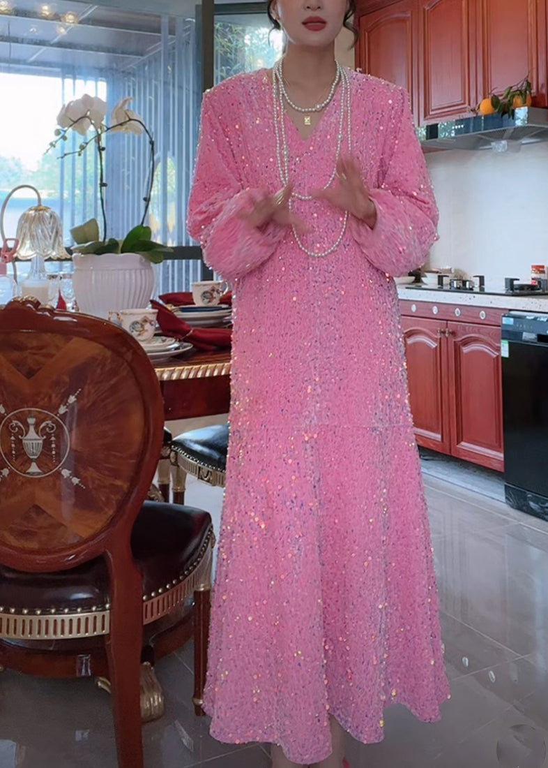Sequin Deep V-Neck Long Sleeve Balloon Sleeve A-Line Maxi Dress