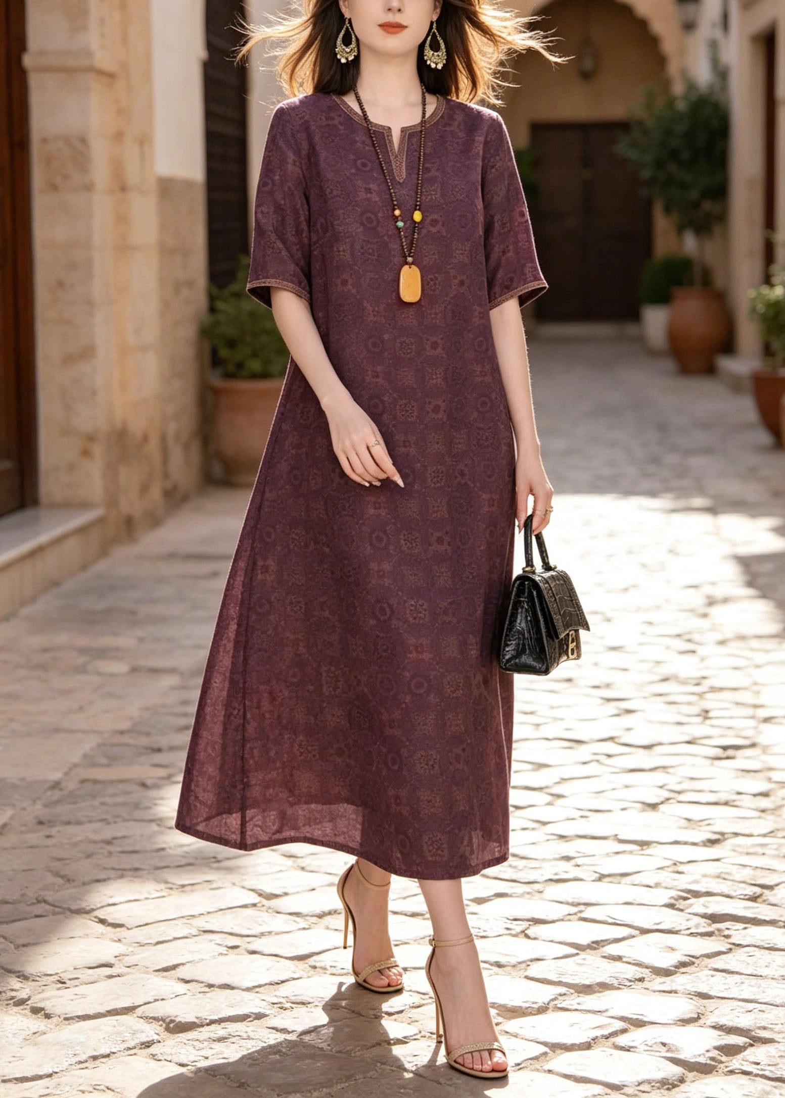 Geometric Print Split Neck Short Sleeve Relaxed A-Line Maxi Dress