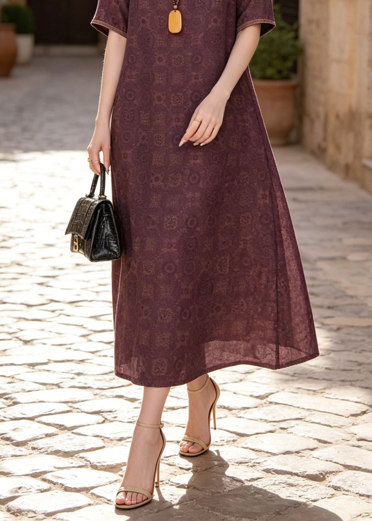 Geometric Print Split Neck Short Sleeve Relaxed A-Line Maxi Dress