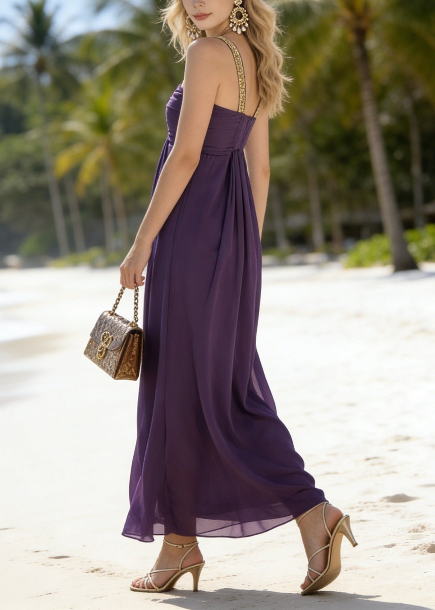 Classy Purple Patchwork Chiffon Spaghetti Strap Dress Summer 3
