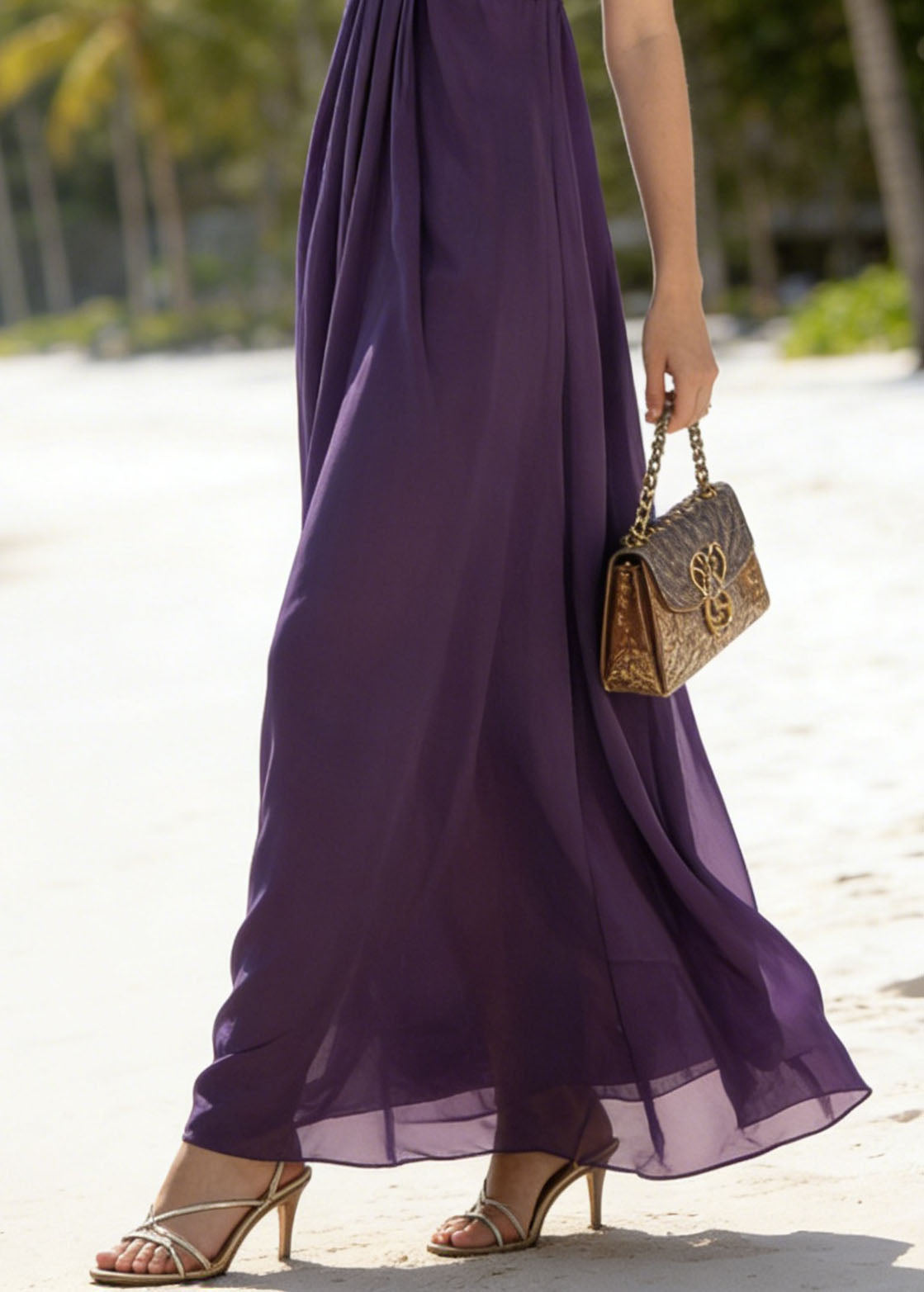 Classy Purple Patchwork Chiffon Spaghetti Strap Dress Summer 5