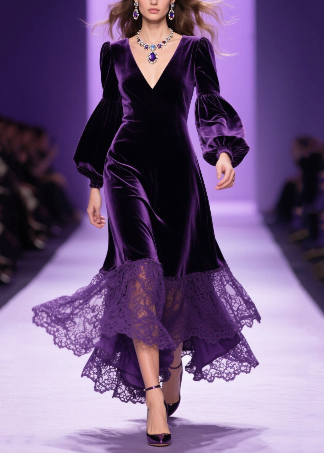 Velvet V-Neck Bishop Sleeve Lace Ruffle High Low Midi Dress