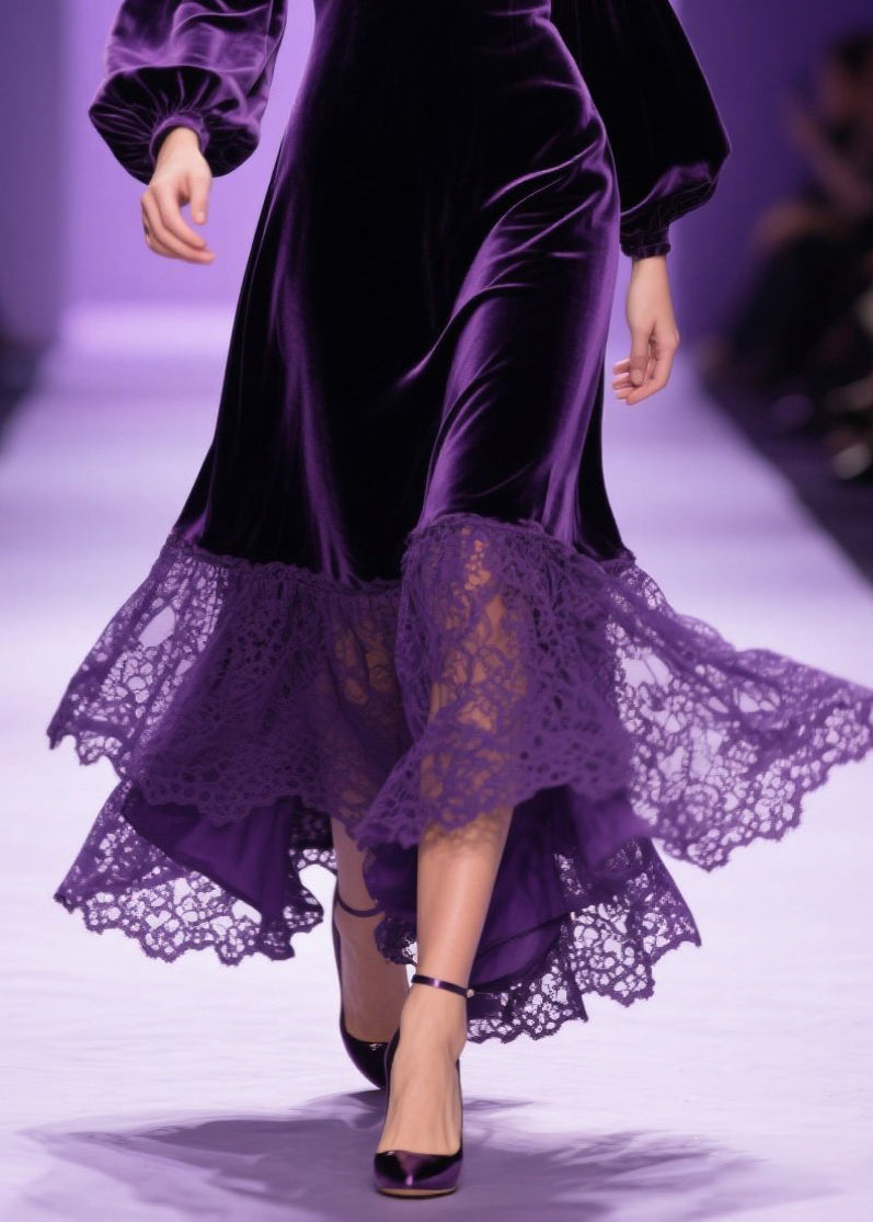 Velvet V-Neck Bishop Sleeve Lace Ruffle High Low Midi Dress