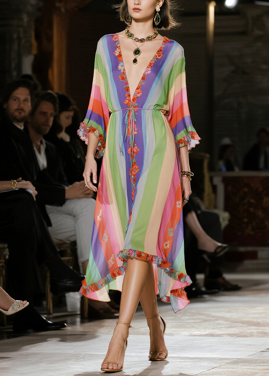 Classy Rainbow Ruffled Striped Chiffon Party Dress Summer 3