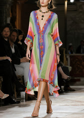 Classy Rainbow Ruffled Striped Chiffon Party Dress Summer 3
