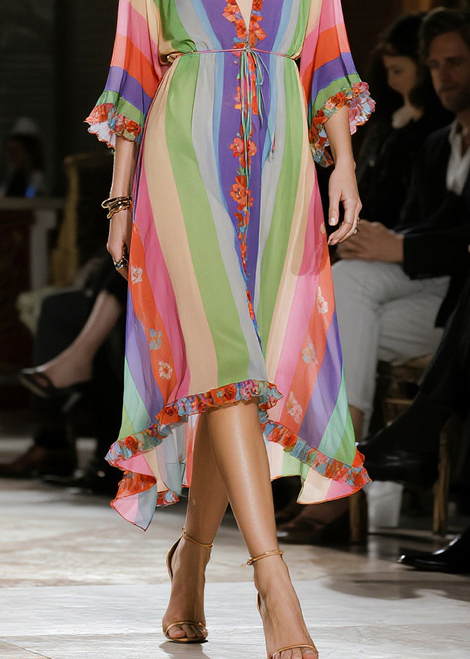 Classy Rainbow Ruffled Striped Chiffon Party Dress Summer 4