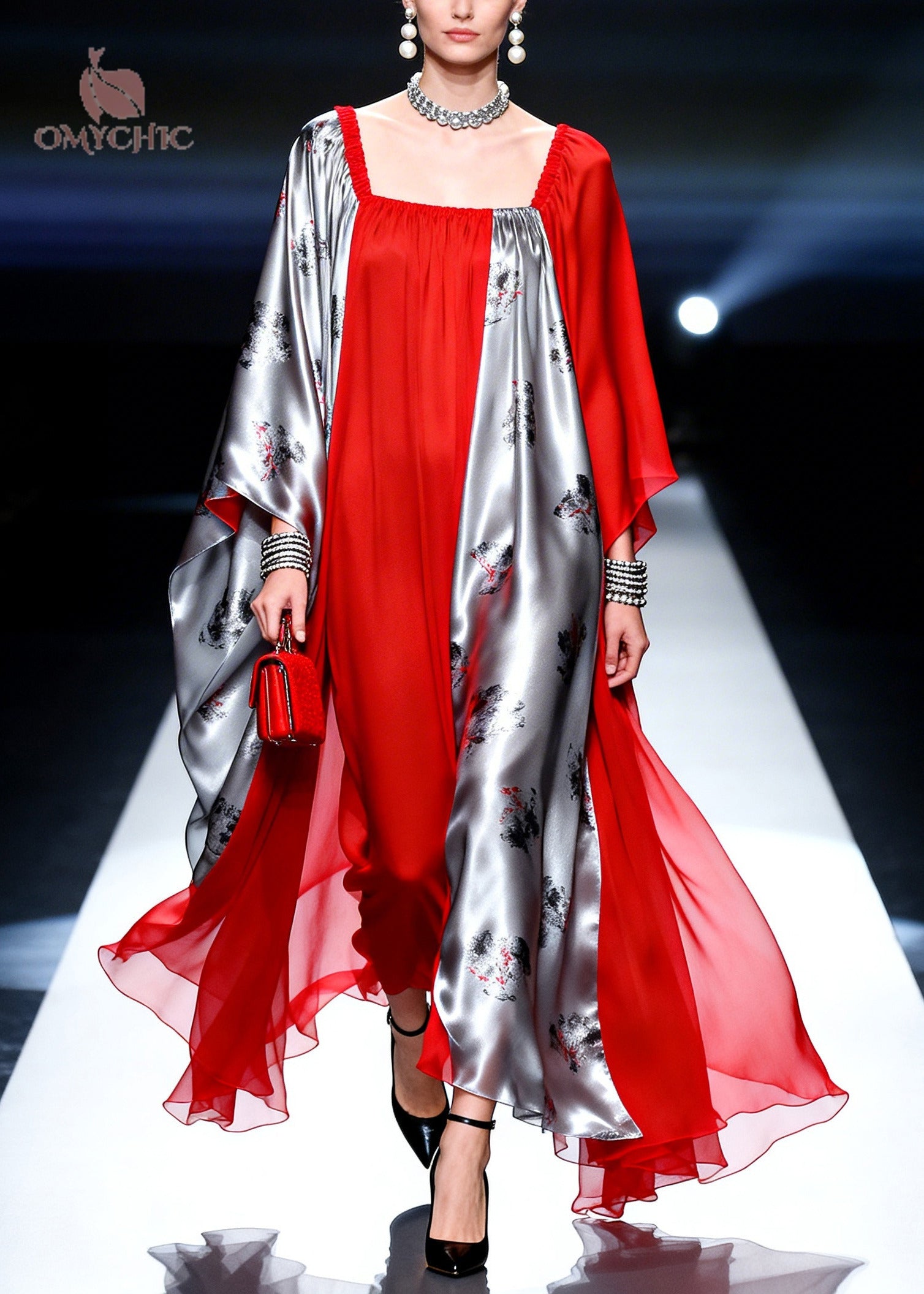 Classy Red Asymmetrical Patchwork Chiffon Maxi Dress Summer - View 3
