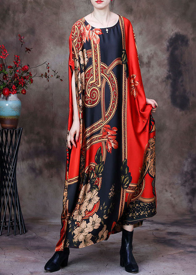 Oversized Floral Print Kaftan Round Neck Batwing Sleeve Maxi Dress