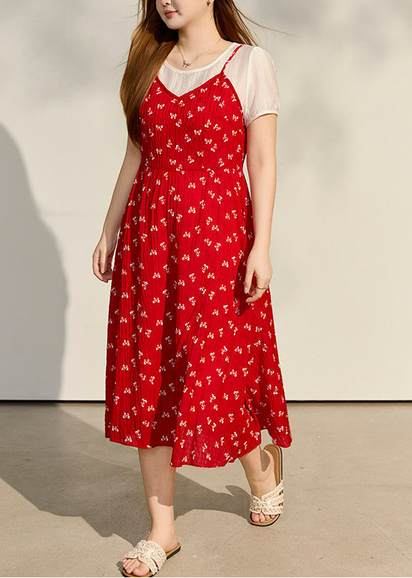 Floral Print Crinkle Texture Faux Two Piece Puff Sleeve Midi Dress