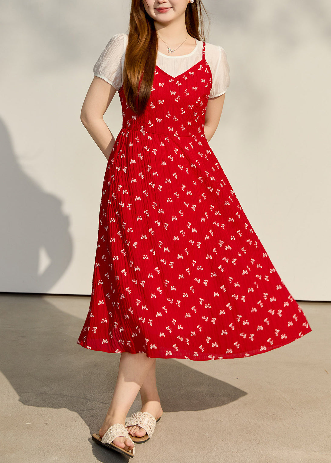 Floral Print Crinkle Texture Faux Two Piece Puff Sleeve Midi Dress