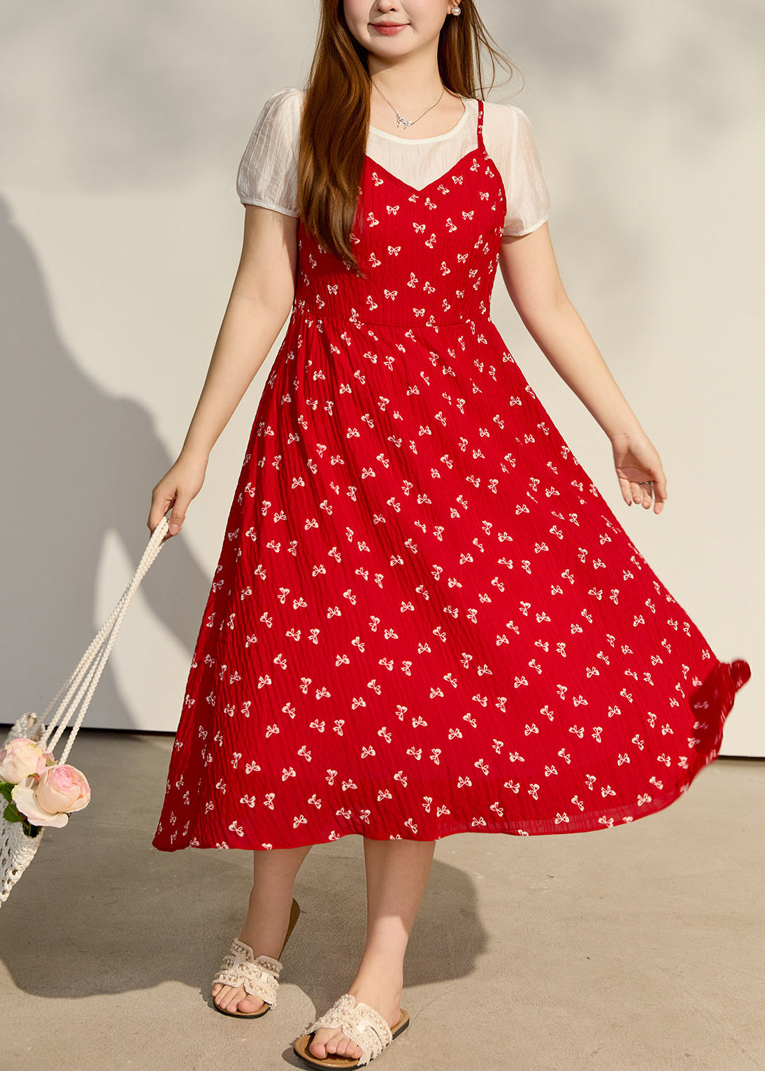 Floral Print Crinkle Texture Faux Two Piece Puff Sleeve Midi Dress