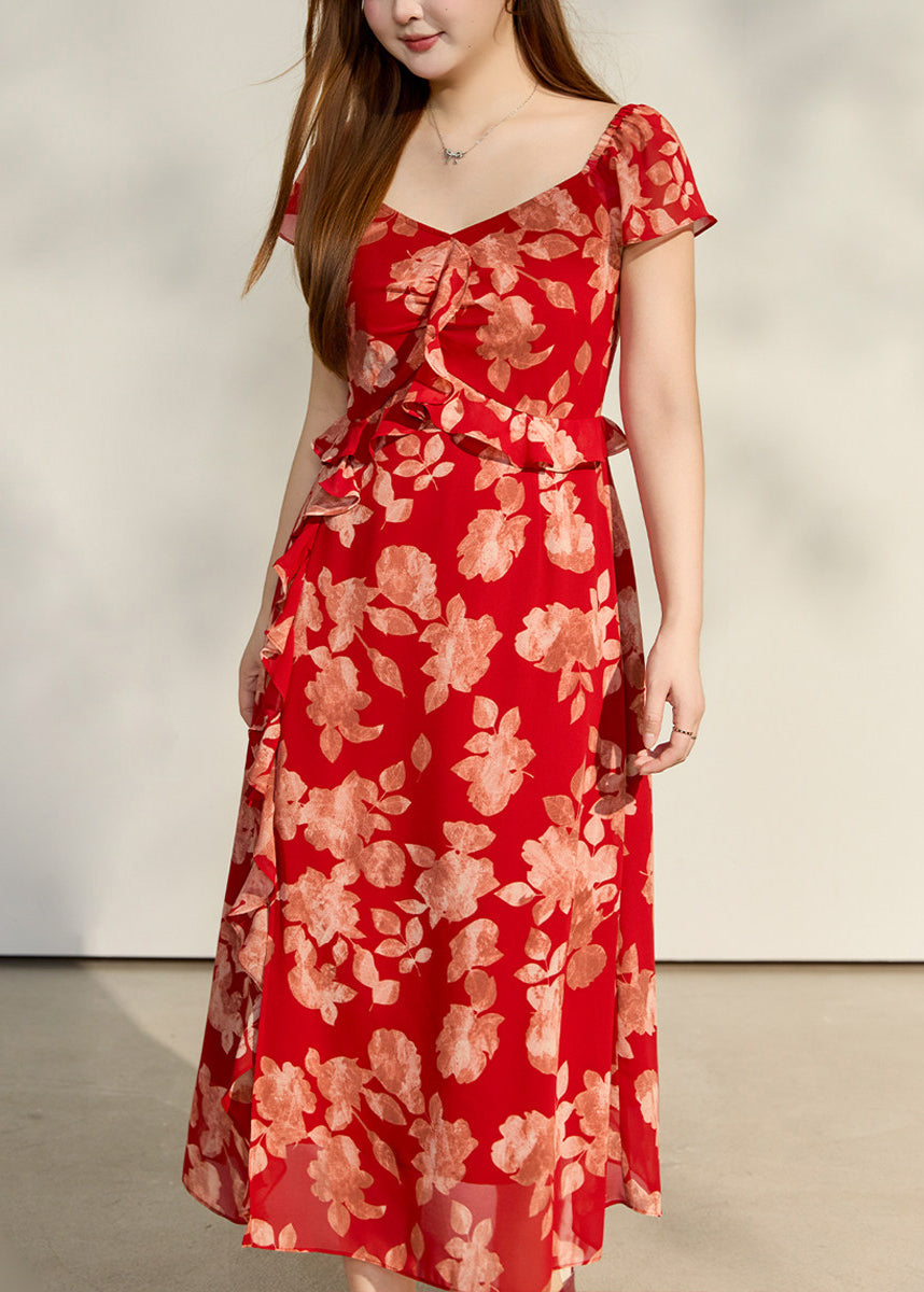 Floral Sweetheart Short Sleeve Ruffle A-Line Midi Summer Dress