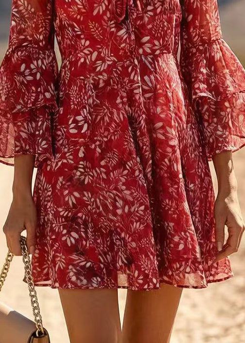 Floral V-Neck Bell Sleeve Tie Front Chiffon Mini Dress