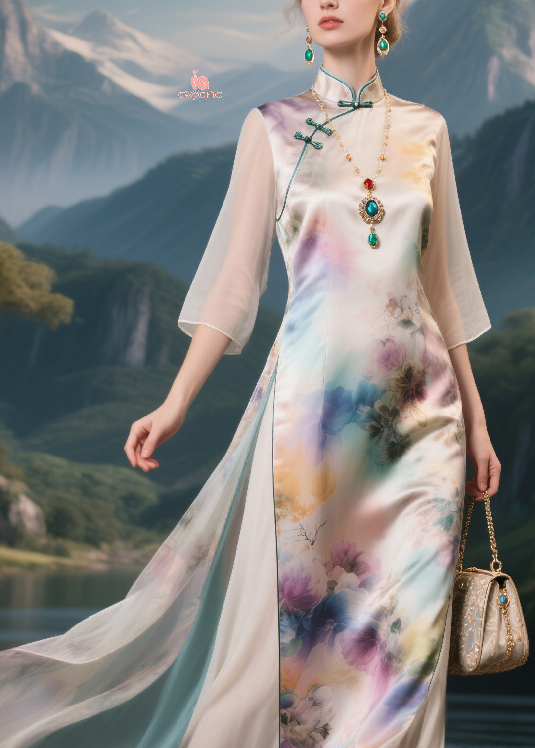 Floral Print Mandarin Collar Frog Button Bell Sleeve High Split Layered Chiffon Maxi Dress