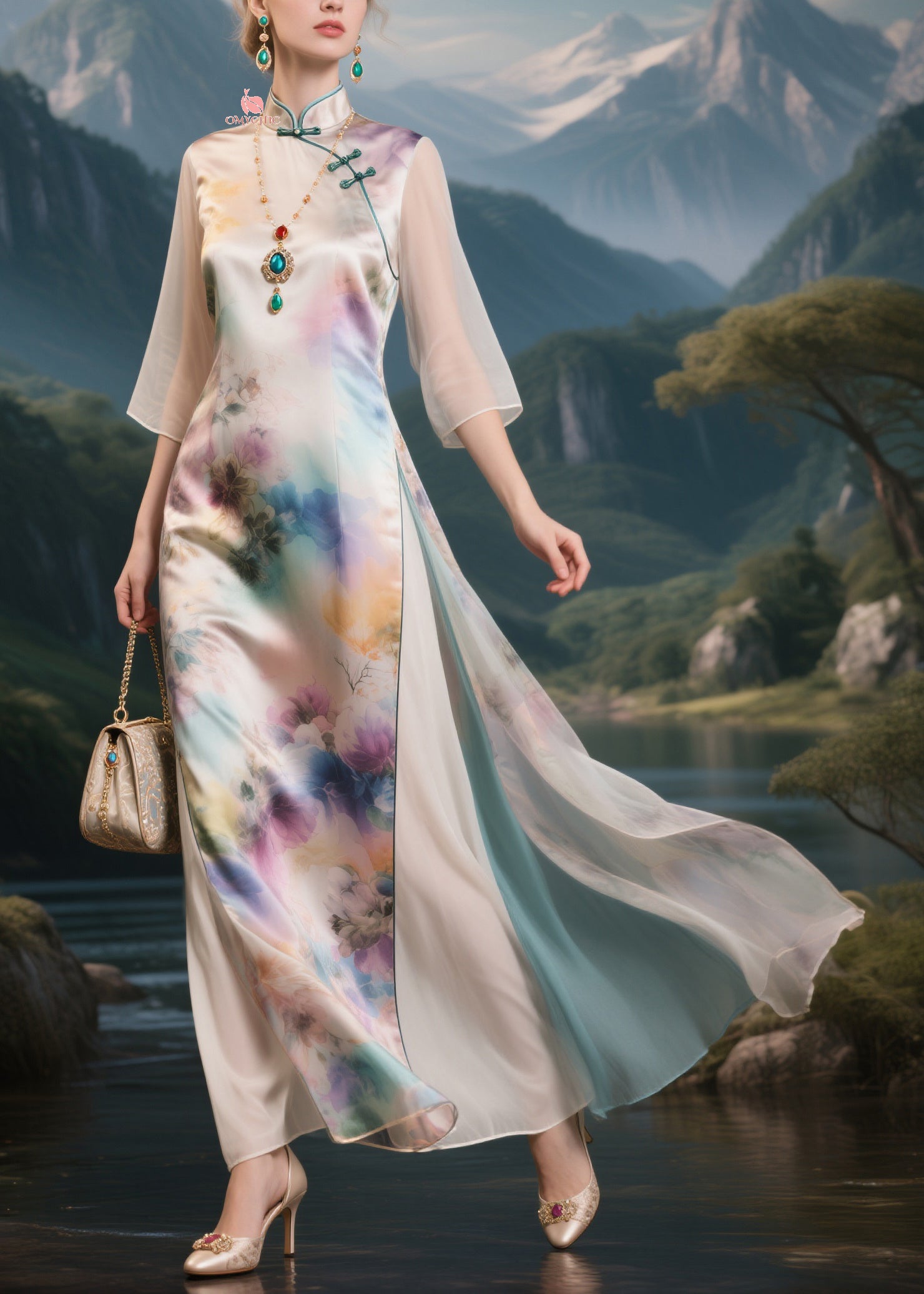 Floral Print Mandarin Collar Frog Button Bell Sleeve High Split Layered Chiffon Maxi Dress