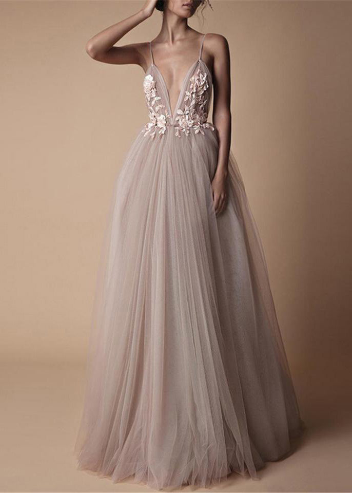 Classy V Neck Floral Tulle Spaghetti Strap Dress Summer