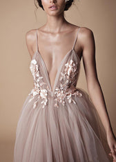 Classy V Neck Floral Tulle Spaghetti Strap Dress Summer 3