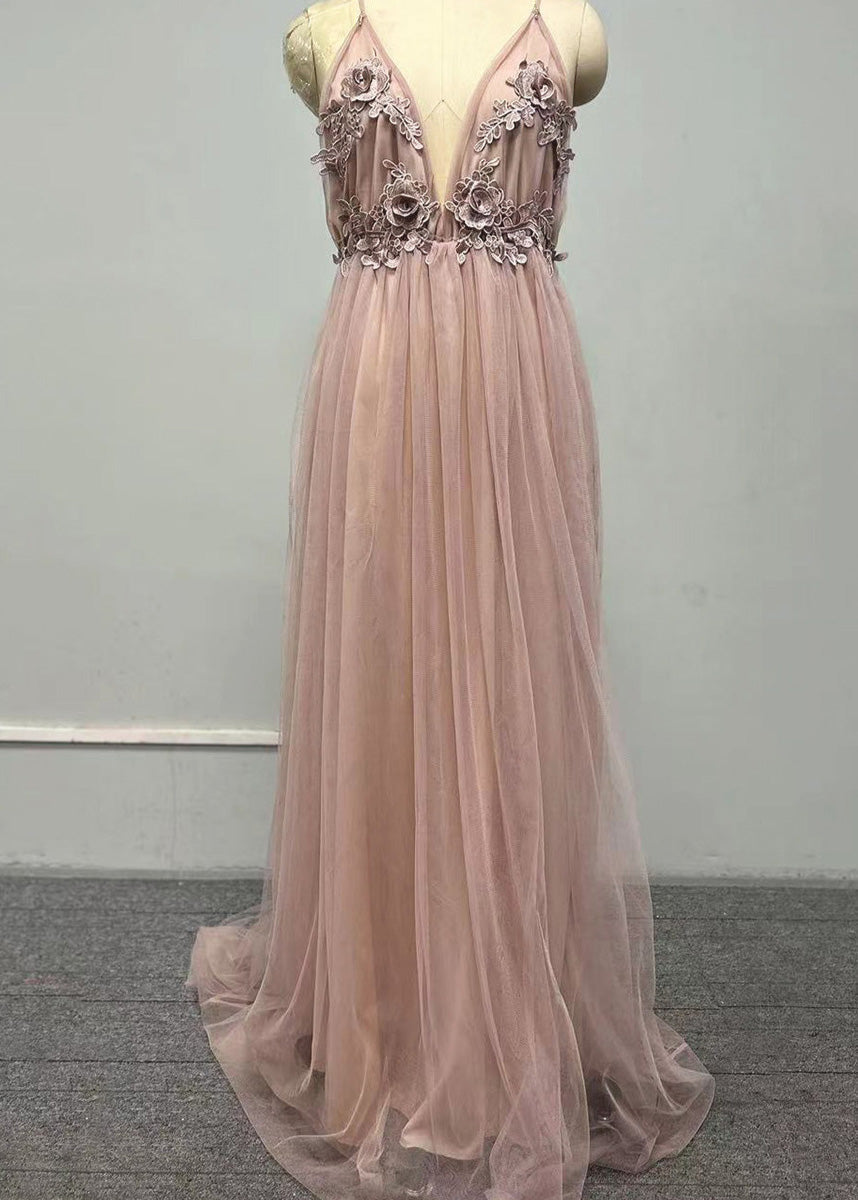 Classy V Neck Floral Tulle Spaghetti Strap Dress Summer 5