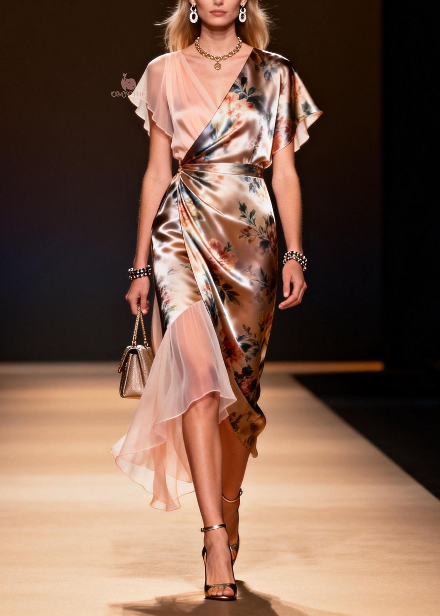 Satin Floral Wrap V-Neck Flutter Sleeve Sheer Panel Asymmetrical Midi Dress