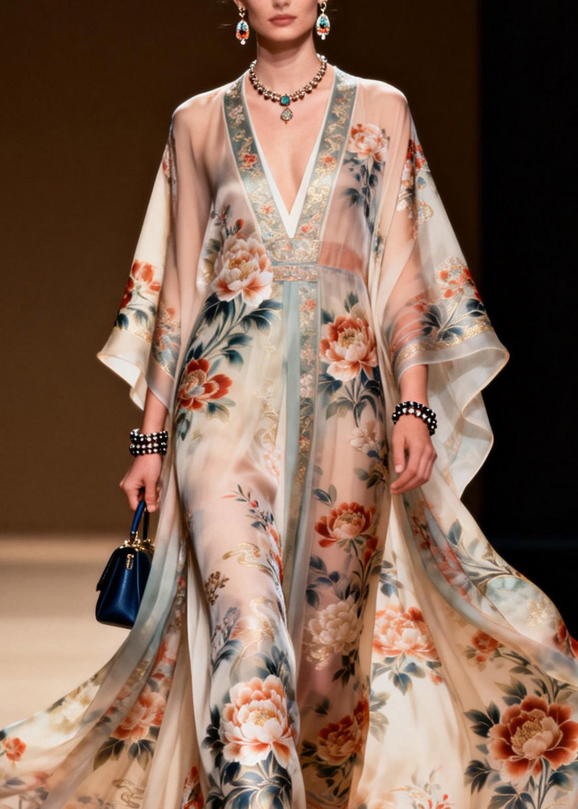 Floral Print Lace Trim Deep V-Neck Cape Sleeve Kaftan Maxi Gown