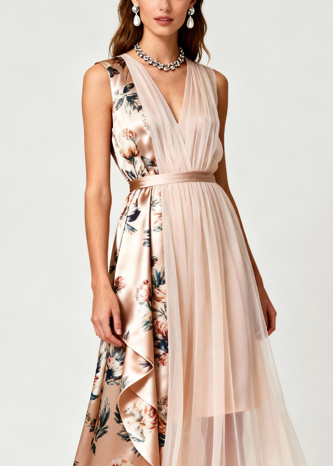 Floral Print V-Neck Sleeveless Pleated Tulle Patchwork Midi Dress
