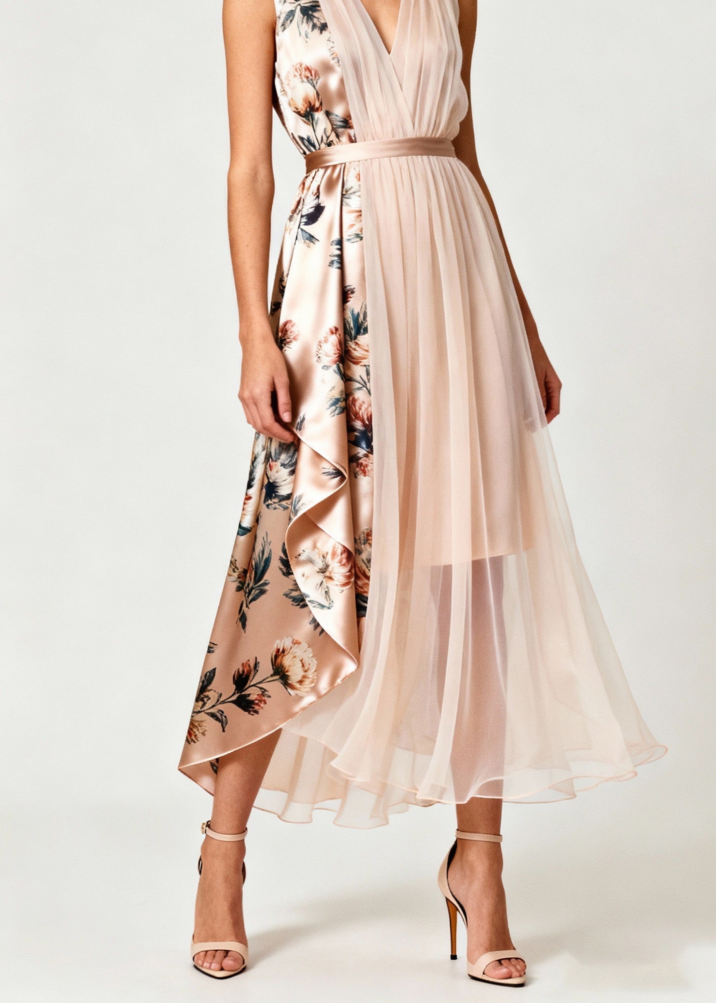 Floral Print V-Neck Sleeveless Pleated Tulle Patchwork Midi Dress