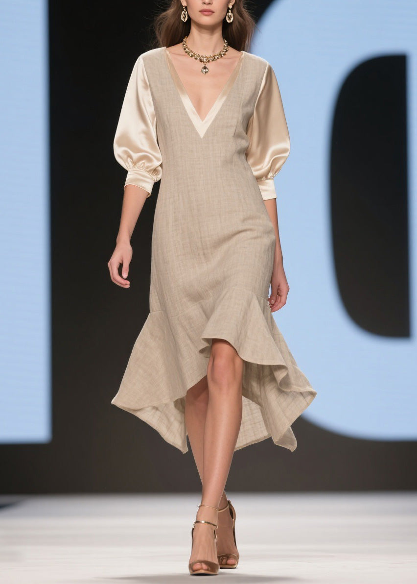 Deep V-Neck Puff Sleeve Woven Bodycon Asymmetrical Ruffle Hem Midi Dress